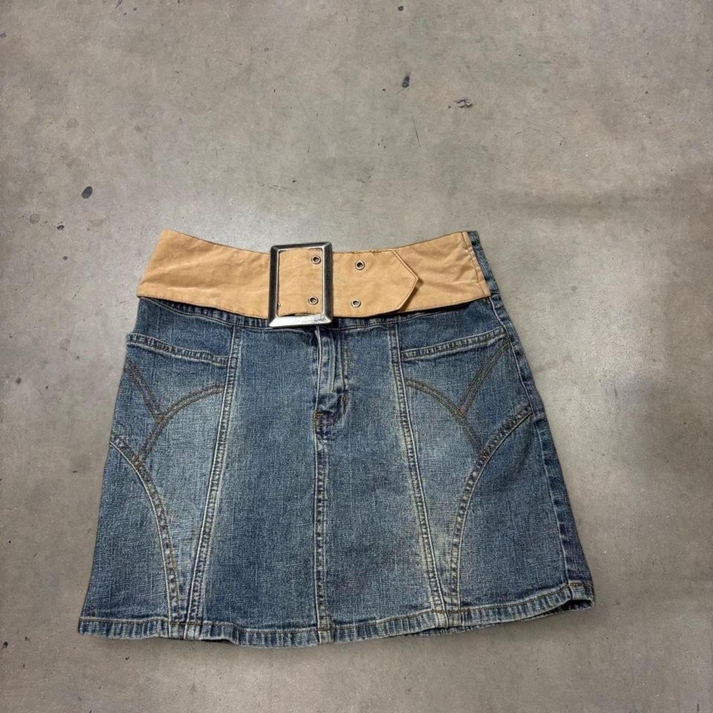 Revolt Vintage Y2K Blue Denim Mini Skirt Belted Tan Accent Womens 7/8 Skirt